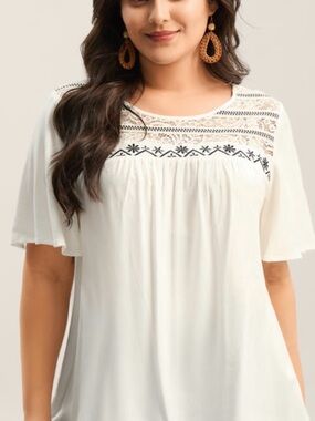 BloomChic Cream Lace Yoke Flutter Sleeve Tunic with Black Embroidery